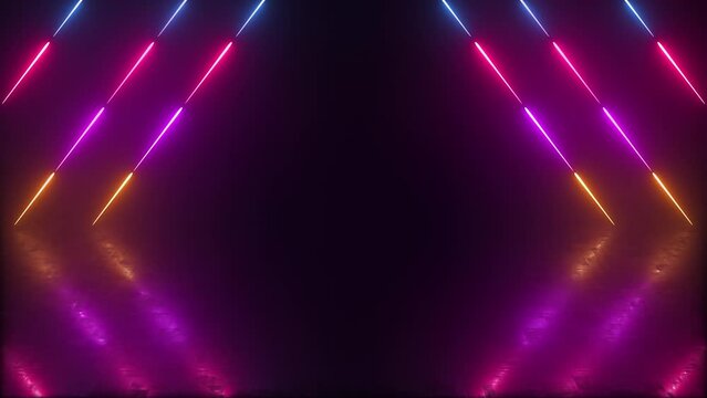 A background of ultraviolet neon laser beams on a reflective black stage with space for titles, text or logos in a seamless loop.