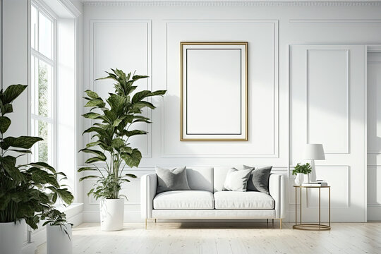 Minimalist modern clean white living room with sofa and frame Made With Generative AI