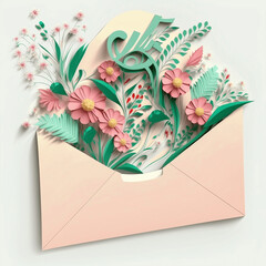 Pink paper letter envelope whith flowers, Marker Art, Cartoon creative design icon isolated on background