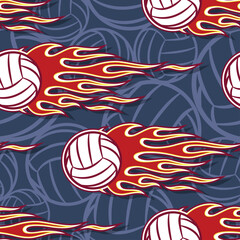 Fototapeta na wymiar Burning volleyball balls repeating tile background. Volleyball balls and tribal fire flames seamless pattern vector image wrapping paper design.