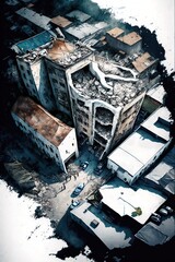 Fototapeta na wymiar Aerial view illustration of destroyed building after earthquake. Generative AI