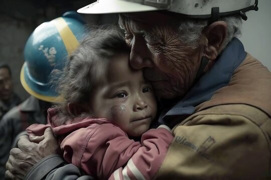 Senior man embracing little girl crying after catastrophe Earthquake. Generative AI Illustration