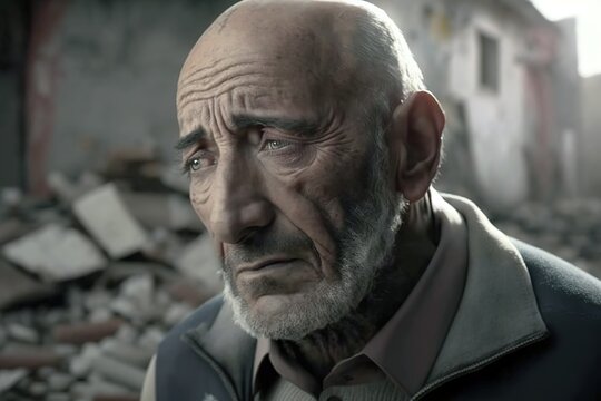 Matured old man sad portrait after earthquake with ashes and building destroyed as background. Generative AI Illustration