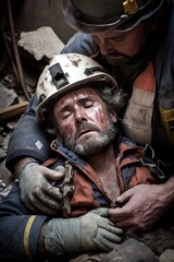 Obraz premium Wounded fireman after Earthquake. Another fireman is helping him. Vertical Generative AI Illustration