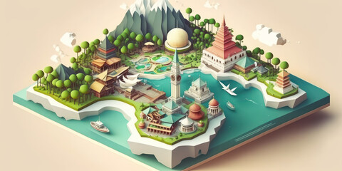 Whimsical 3D Isometric Floating City of Indonesia with Cute Landmarks and Traditions