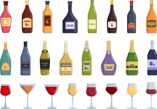 Non-alcoholic wine icons set cartoon vector. Summer party. Restaurant menu