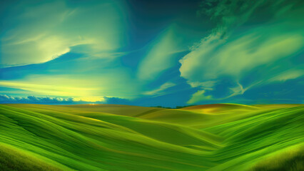 Dramatic landscape, green endless fields and bright blue sky at sunset, illustration created using generative AI tools