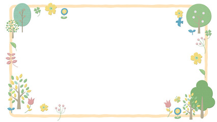 鳥や蝶が飛び回る、木と草花のフレーム 　  
背景白色  シンプルな線　