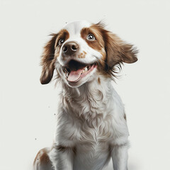 Cute happy dog sitting white background