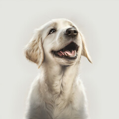 Cute happy dog sitting white background