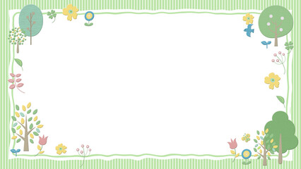鳥や蝶が飛び回る、木と草花のフレーム 　  
背景白色  ストライプ　