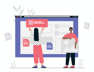 People design website. Man and woman with pictures and text complete web page with content. Creativity and teamwork. Modern technologies and digital world concept. Cartoon flat vector illustration