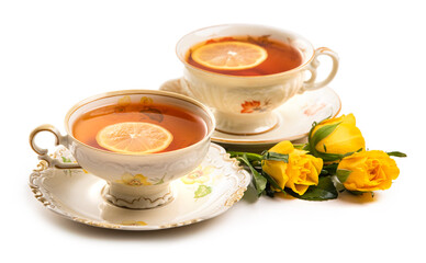 Two porcelain antique cups with tea and yellow roses on a white background. Isolate