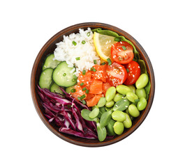 Poke bowl with salmon, edamame beans and vegetables isolated on white, top view
