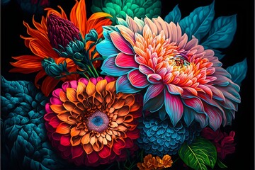 digital illustrations of various flowers. Daisies, roses, sunflowers. AI generated 