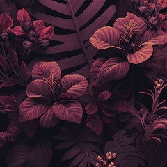 Summer flowers, monocolor illustration in pink and violet tones. Monochrome art of different beautiful flowers and fresh leaves as design for cover, card, wallpaper or background.