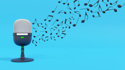 Stand microphone and music notes isolated on blue background. 3D illustration.