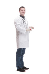 happy male doctor with a laboratory flask.