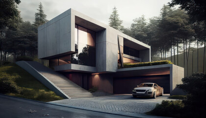 Modern house on a hill with a swimming pool and concrete construction