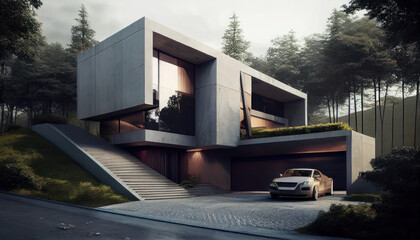 Obraz premium Modern house on a hill with a swimming pool and concrete construction