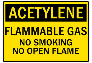 Acetylene sign and labels flammable gas, no smoking no open flame