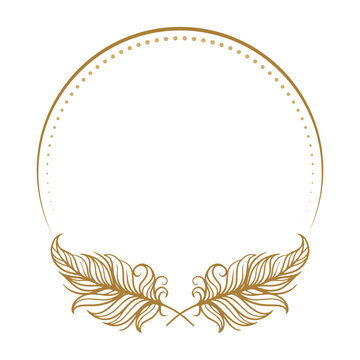 Vector boho style feathers round frame on the white background