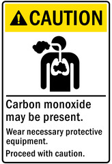 Carbon monoxide sign and labels carbon monoxide may be present, wear necessary protective equipment. Proceed with caution