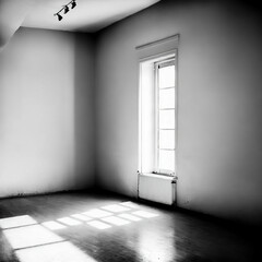 old apartment, empty room, white walls, sunlight, loneliness, depression, generated in AI