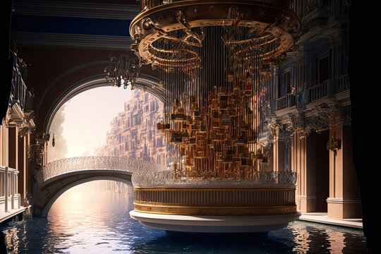 A steampunk merry-go-round resembling a quantum computer with canals and renaissance architecture. Generative AI.