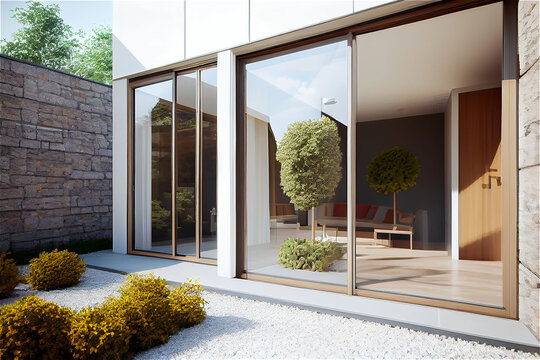 Modern house with minimal design and sliding glass door leading to a zen garden, generative AI
