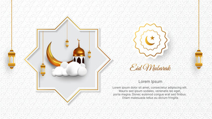 luxury Eid Mubarak background in white and gold color with 3d islamic decoration. vector illustration