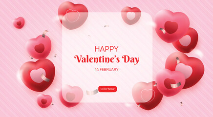 Valentines day greeting card sale background with Heart Balloons and clouds. Paper cut style. Can be used for Wallpaper, flyers, invitation, posters, brochure, banners. Vector illustration	
