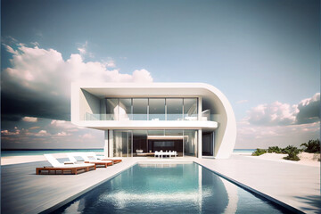 Fototapeta premium Luxury and modern residential villa with modern architecture, swimming pool and sea view. Generative AI illustration