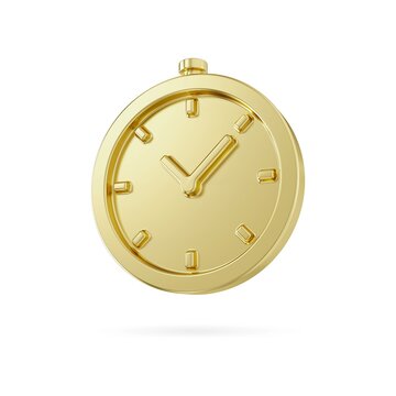 Gold metal alarm clock icon. Golden watch minimal design concept of time. 3d gold clock isolated on white background. 3d alarm for watch hour and minuter, 3d rendering