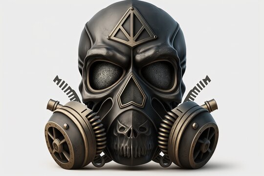 Black skull with gas mask, white background. Generative AI