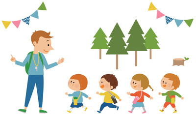 遠足に行く先生と子供たちのイラスト素材