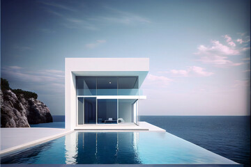Luxury and contemporary residential villa with modern architecture, swimming pool and sea view. Generative AI illustration