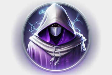 Wizard with hood and purple cape, white background. Generative AI