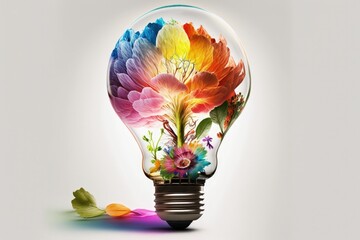 Light bulb illustration with colorful flowers, white background. Generative AI