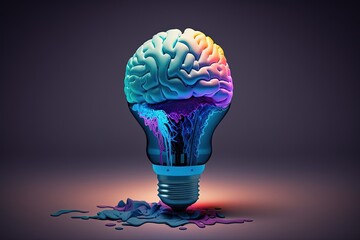 Illustration of light bulb with brain, ideas and creativity concept, gradient background. Generative AI