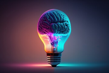 Illustration of light bulb with brain, ideas and creativity concept, gradient background. Generative AI