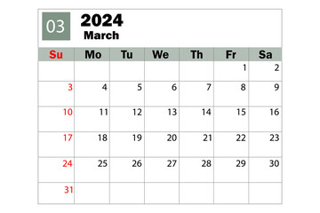 March 2024 calendar. Diary calendar. Daily planner. Vector illustration.