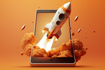Rocket coming out of cell phone screen, startup concept, orange background. Generative AI - obrazy, fototapety, plakaty