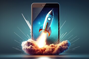 Rocket coming out of cell phone screen, startup concept, blue background. Generative AI