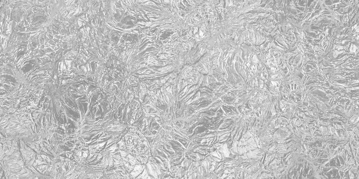 Seamless frozen cracked ice block background  transparent overlay. Icy winter or cool summer refreshment backdrop. Silver shiny crumpled foil displacement, bump or height map 3D rendering.