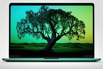 Tree on laptop screen, white background. Generative AI