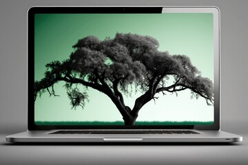 Tree on laptop screen, white background. Generative AI