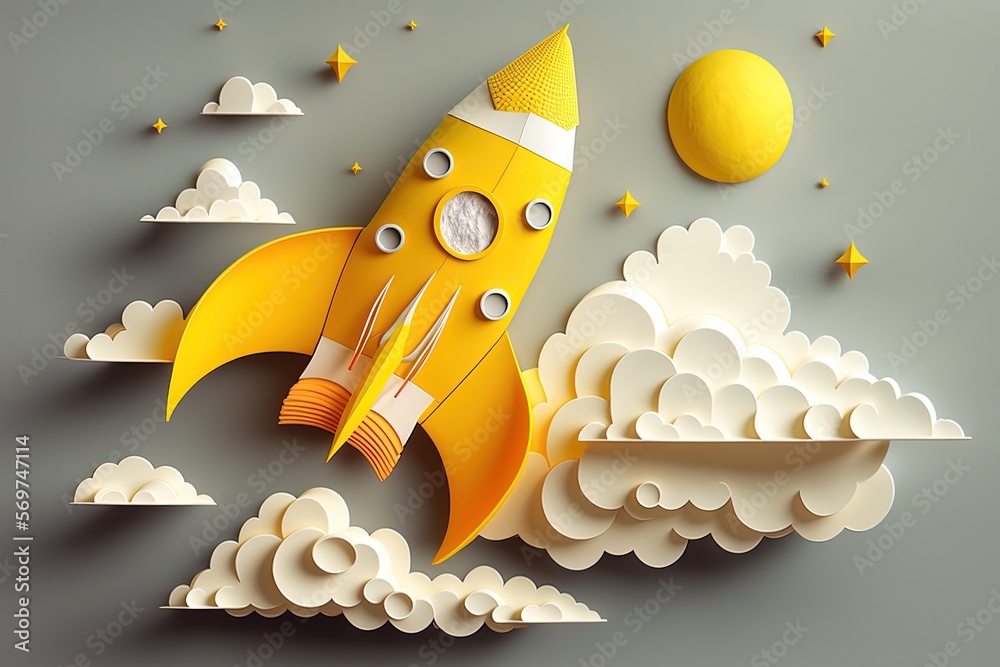Poster rocket and clouds made from paper cutout, startup concept. generative ai