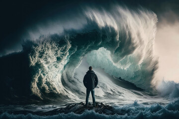 Man standing front of big strom wave abstract background. Challenge and brave concept. Generative AI - obrazy, fototapety, plakaty