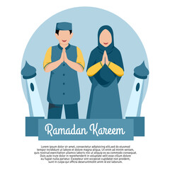 ramadan greeting card and social media post template with illustration of muslim character give greeting